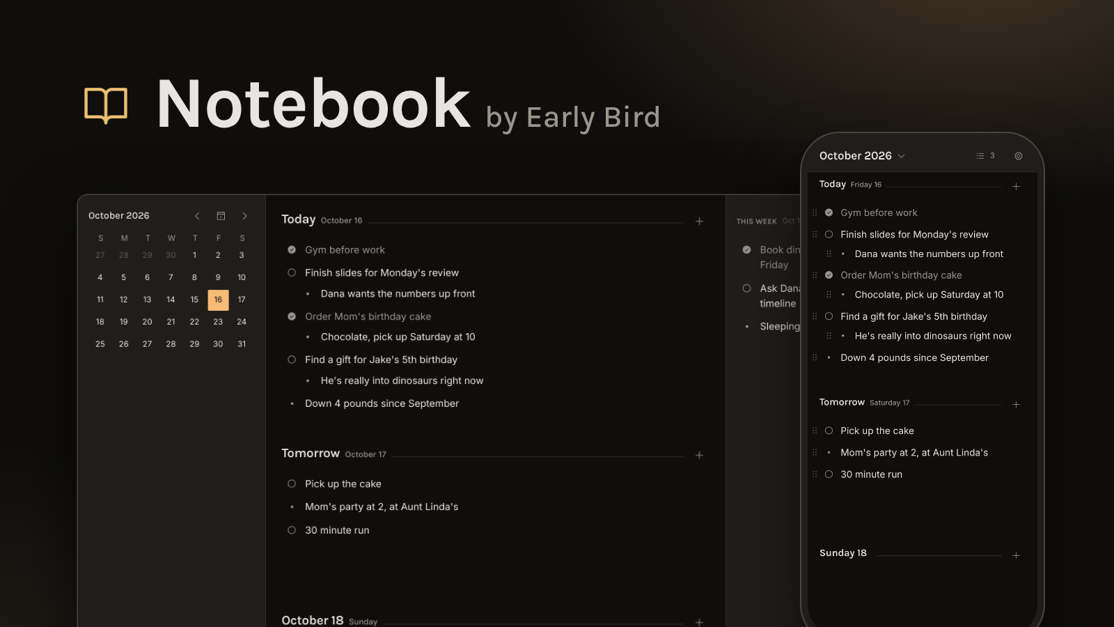 Notebook on desktop and on a phone, showing today's notes and tasks, a month calendar, and a weekly list